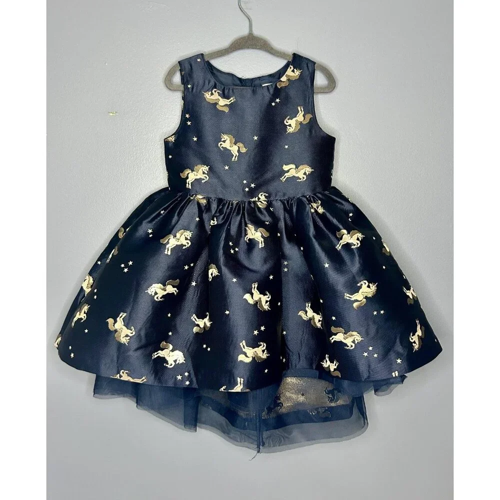 H&M Dress Girls 2-3Y Navy Blue Gold Unicorn Star Print Sleeveless Party‎ Formal